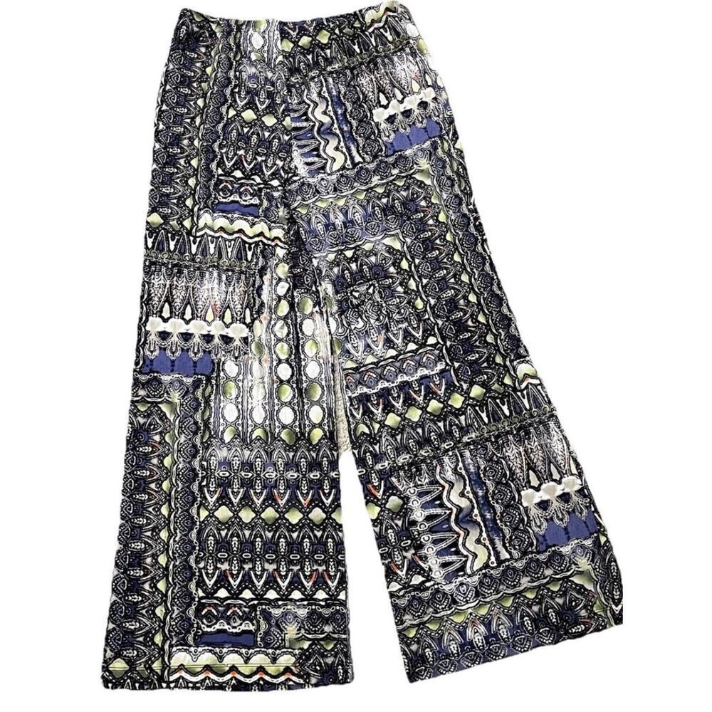 0004 Chico's Navy, White & Lime Geometric Palazzo Pants
